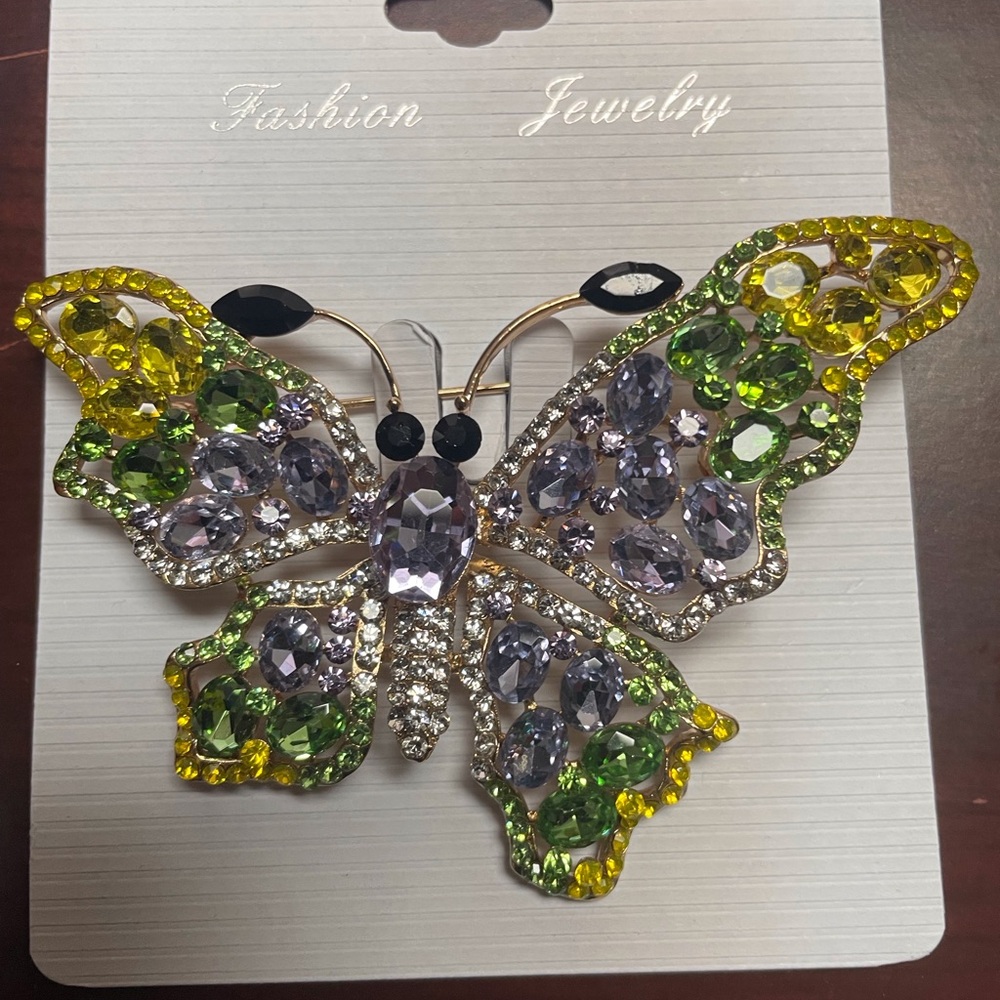 Elegant Butterfly Brooch with Yellow and Green Crystals